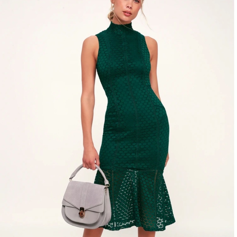 All the Way Up Forest Green Lace Midi Dress